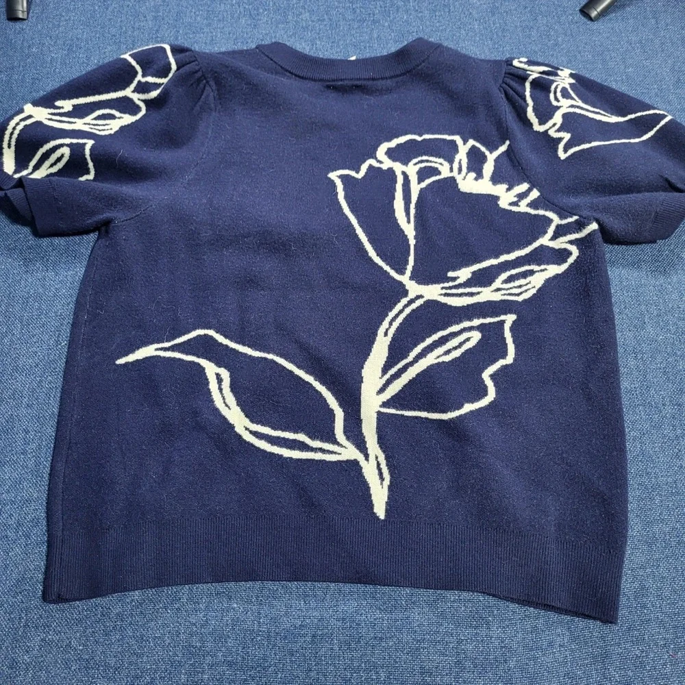 Maeve Anthropologie Maxine Puff-Sleeve Sweater Navy Blue Cream Floral Pattern XL - Picture 9 of 10